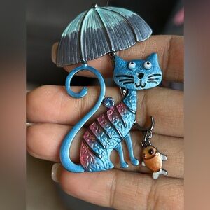 Whimsical Blue & Pink Cat Brooch with Umbrella
